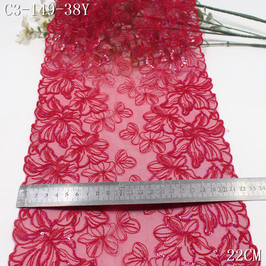 FREEDOMBEAUTY | [1Pack] Red full-width sequin tracing flower mesh embroidery lace 31cm dress stage clothing dressing accessories