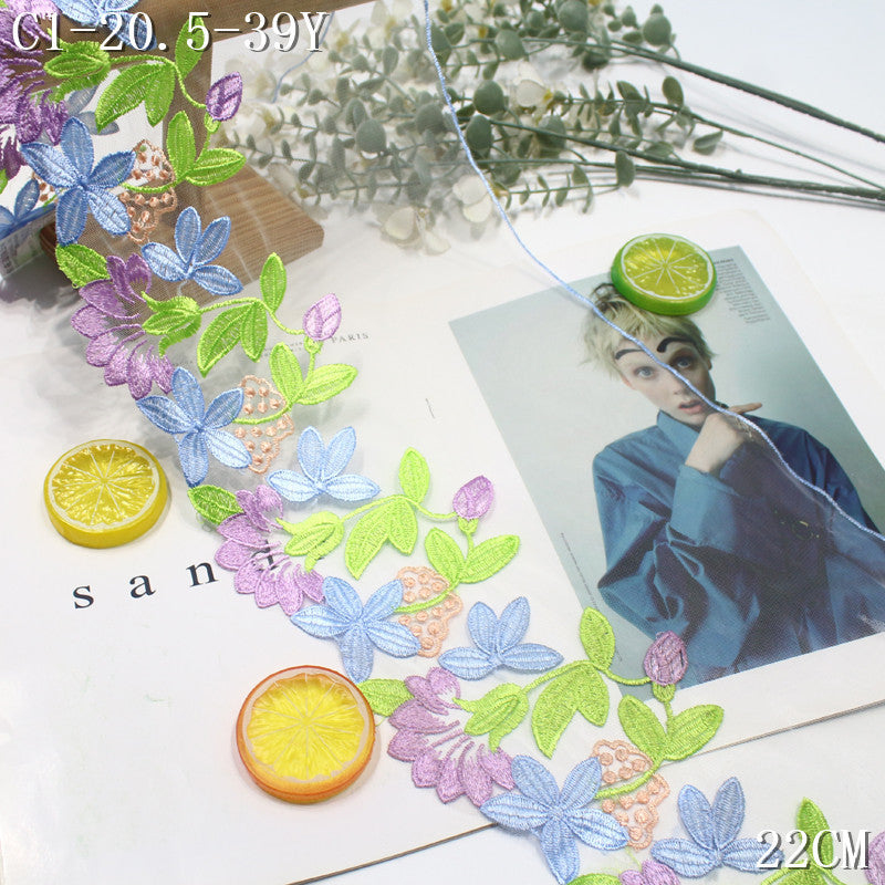 FREEDOMBEAUTY | [1Pack] Fresh Color Flowers Green Leaf Mesh Embroidery Lace 22cm Clothing Dress-up Handmade DIY Lace Accessories