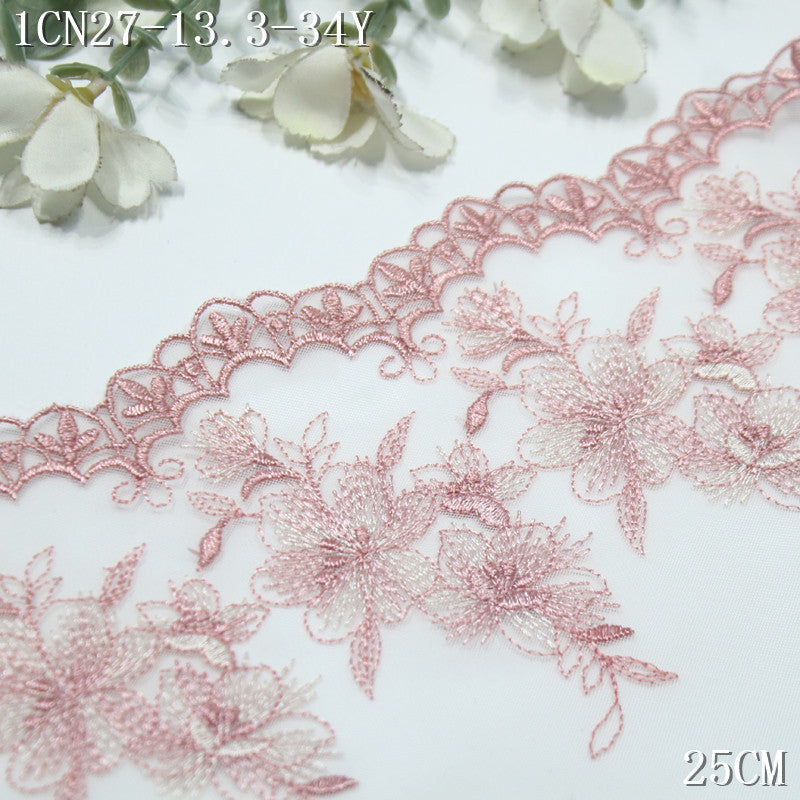 FREEDOMBEAUTY | [1Pack] Spring New Bilateral Pink Flower Mesh Embroidery Lace 25cm Dress Clothing Lace Accessories