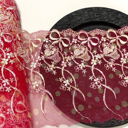 FREEDOMBEAUTY | In Stock Bow Bow Strawberry Deep Peach Embroidery Polka Dot Mesh Lace Accessories Decorative Fabric Design