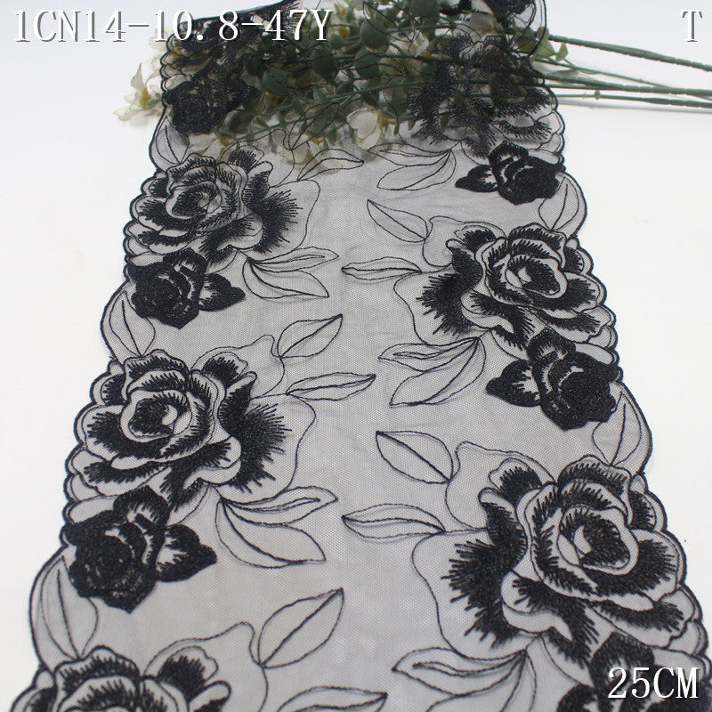 FREEDOMBEAUTY | [1Pack] Retro Classic Bilateral Large Flower Black Mesh Embroidery Lace 25cm Clothing Veil Jewelry Handmade Accessories