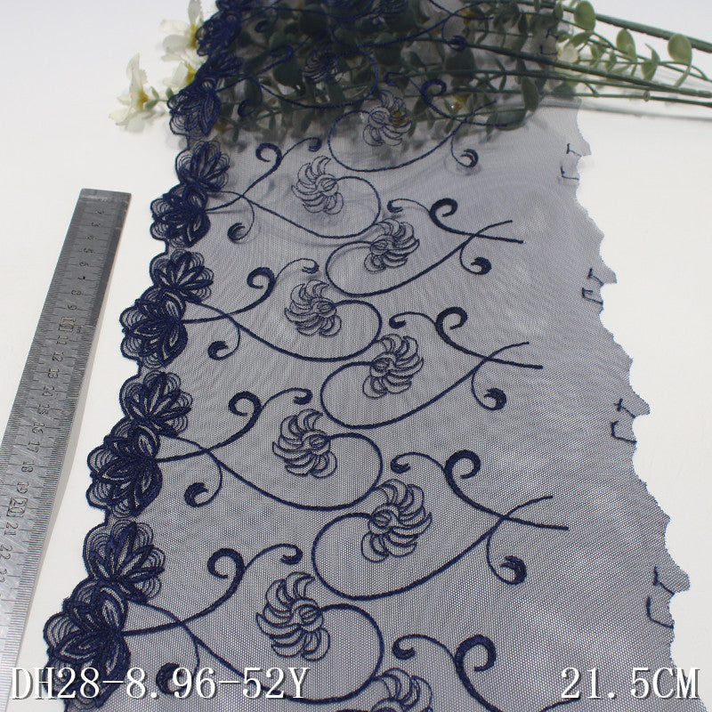 FREEDOMBEAUTY | [1Pack] Elegant retro navy blue mesh yarn unilateral vine flower embroidery lace 21.5cm clothing accessories