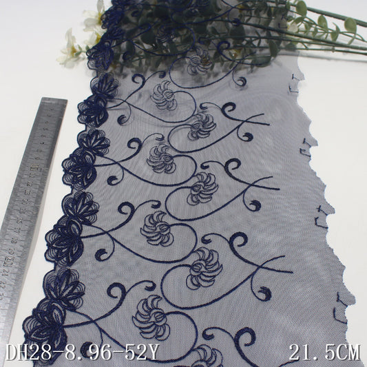 FREEDOMBEAUTY | [1Pack] Elegant retro navy blue mesh yarn unilateral vine flower embroidery lace 21.5cm clothing accessories