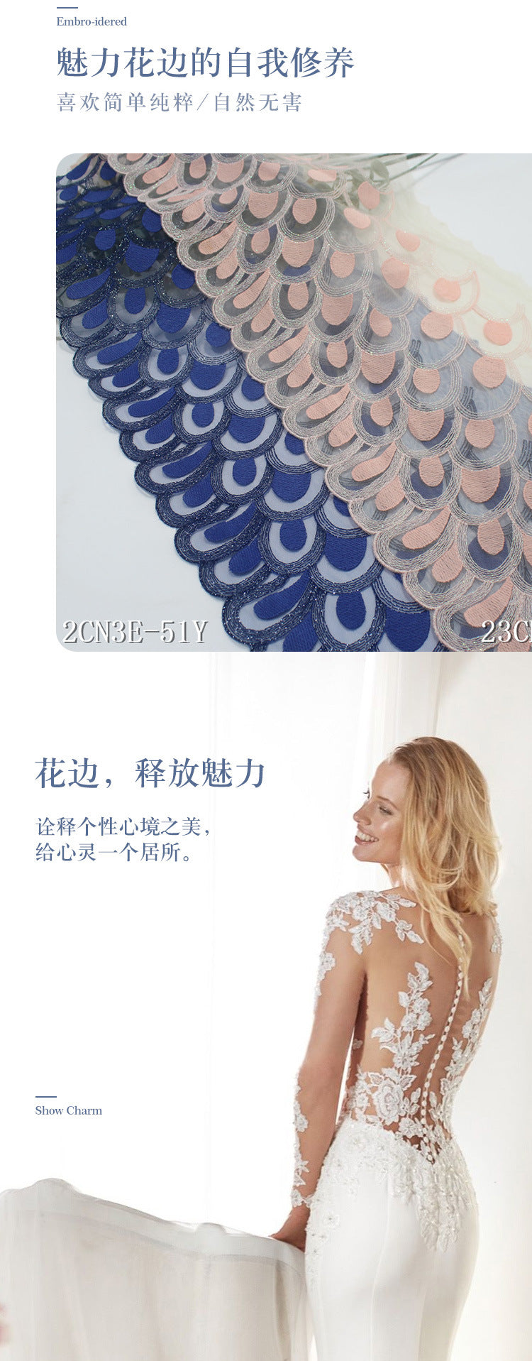 FREEDOMBEAUTY | [1Pack] Naked pink mesh peacock feather pattern silver thread embroidery lace 23cm fashion dress lace accessories