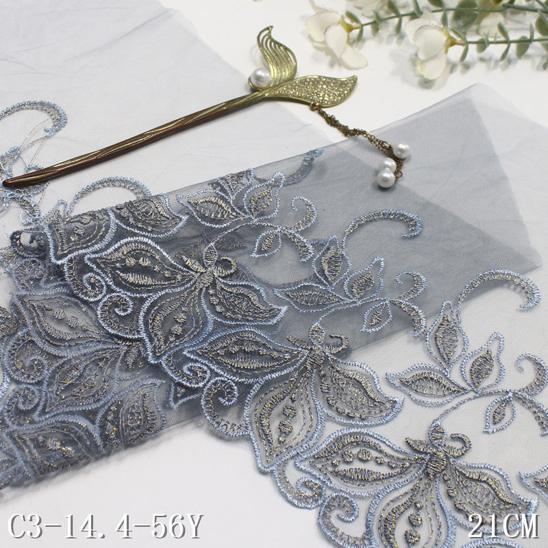 FREEDOMBEAUTY | [1Pack] dark gray and blue mesh embroidery lace fashion gold thread leaves, dress wedding veil lace accessories