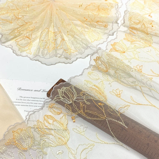 FREEDOMBEAUTY | Spot light yellow retro tulip embroidered mesh lace accessories decorative design DIY