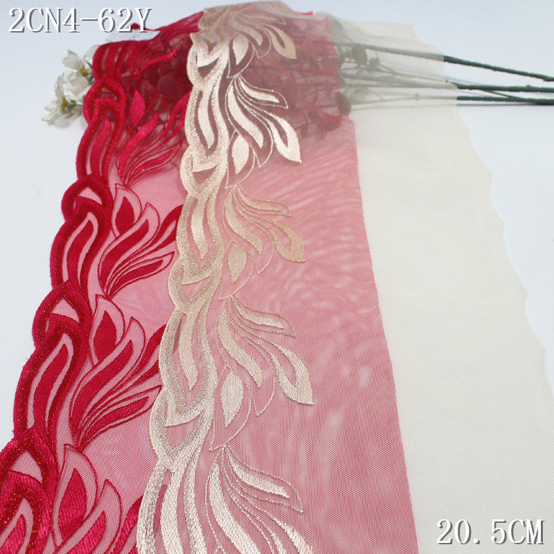 FREEDOMBEAUTY | [1pack] Red apricot two-color mesh yarn silver thread phoenix tail pattern embroidery lace 22cm clothing accessories handmade accessories lace