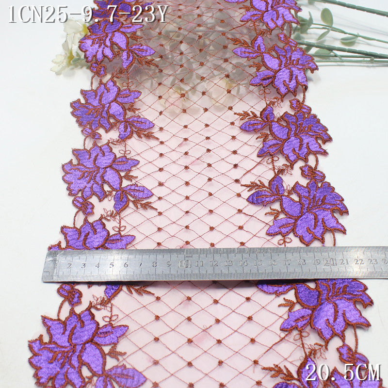FREEDOMBEAUTY | Two-color plaid mesh bilateral purple flower embroidery lace 26cm clothing curtain lace accessories