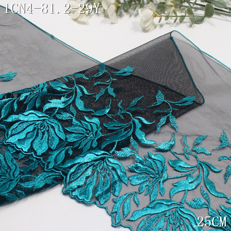 【1Pack】-Freedombeauty | European and American black mesh yarn pressed yarn bright dark green texture flower embroidery 25cm high-end clothing accessories