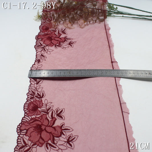 【1Pack】-Freedombeauty | Burgundy light mesh double layer fine glitter flower embroidery lace 21cm clothing accessories home textile accessories