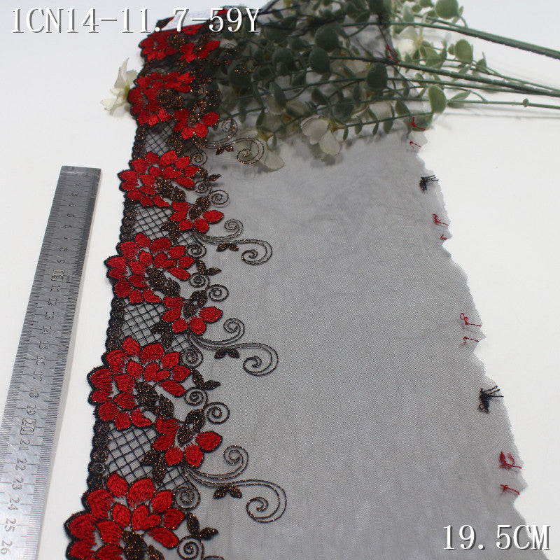 【1Pack】-Freedombeauty | Classic Black Mesh Unilateral Gold Thread Safflower Embroidery Lace 19.5cm Clothing Accessories Home Textile Accessories