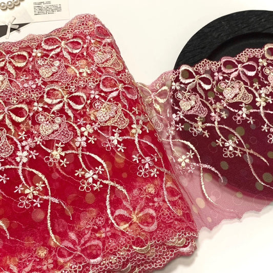 FREEDOMBEAUTY | In Stock Bow Bow Strawberry Deep Peach Embroidery Polka Dot Mesh Lace Accessories Decorative Fabric Design