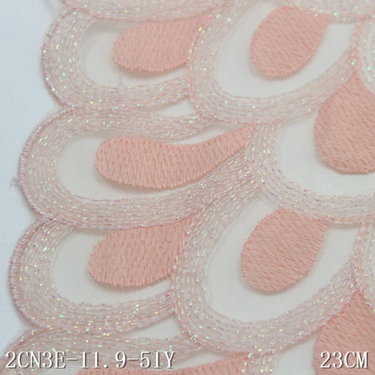 FREEDOMBEAUTY | [1Pack] Naked pink mesh peacock feather pattern silver thread embroidery lace 23cm fashion dress lace accessories