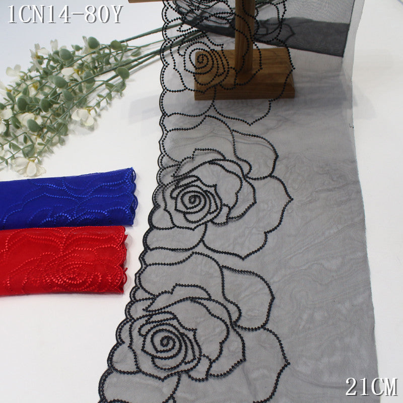 FREEDOMBEAUTY | Simple three-color mesh yarn half-width rose pattern embroidery lace 21cm clothing accessories lace accessories