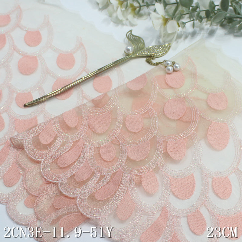 FREEDOMBEAUTY | [1Pack] Naked pink mesh peacock feather pattern silver thread embroidery lace 23cm fashion dress lace accessories