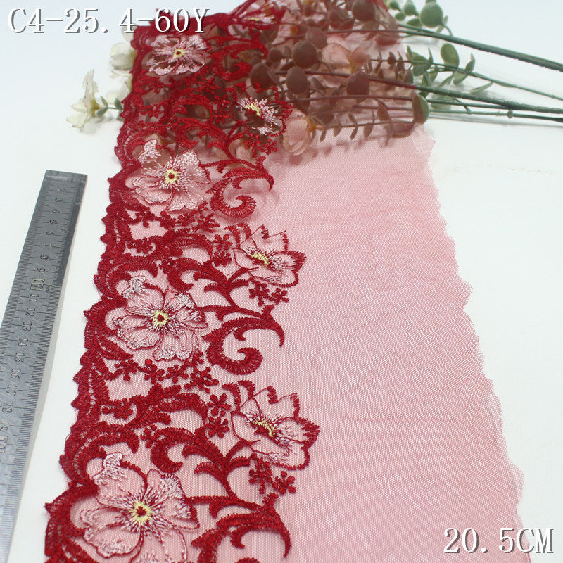 FREEDOMBEAUTY | Red mesh embroidery lace retro polyester thread flower cluster 20.5cm clothing home textile lace accessories