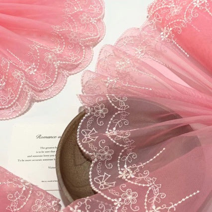 FREEDOMBEAUTY | Spot light pink white bow embroidery mesh lace accessories decorative design DIY clothing