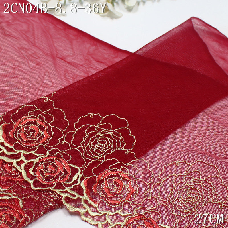 FREEDOMBEAUTY | Crimson mesh rose flower pattern embroidery lace, dress veil skirt lace accessories
