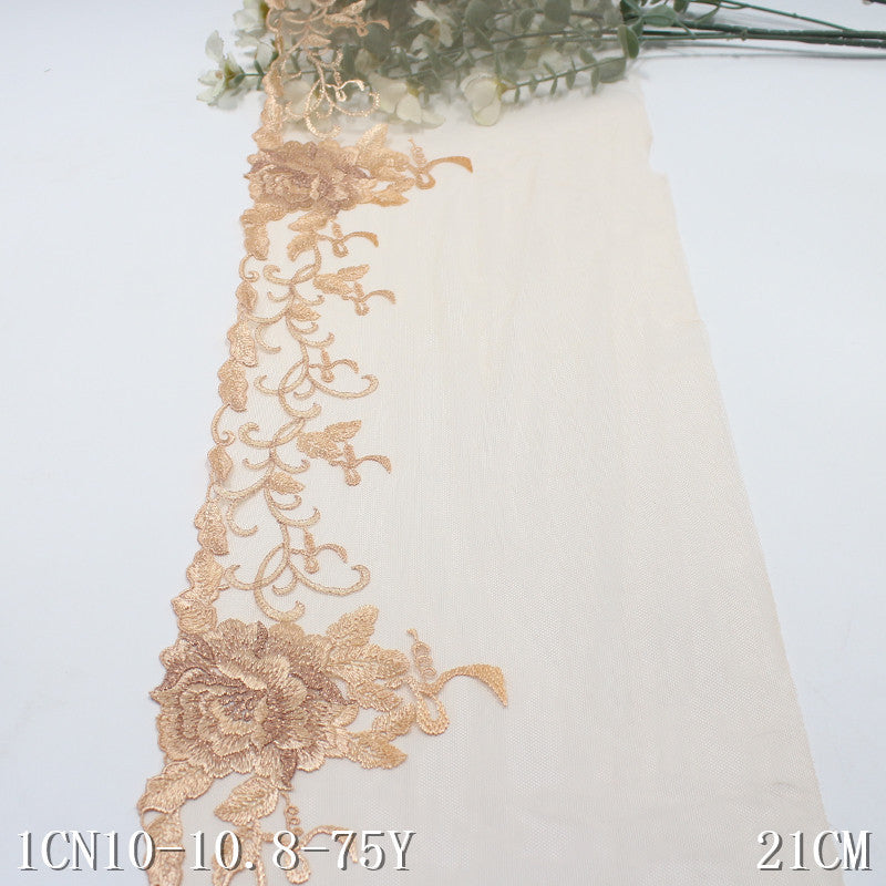 FREEDOMBEAUTY | Apricot mesh delicate gold thread flower embroidery lace, high-end clothing home textile lace accessories