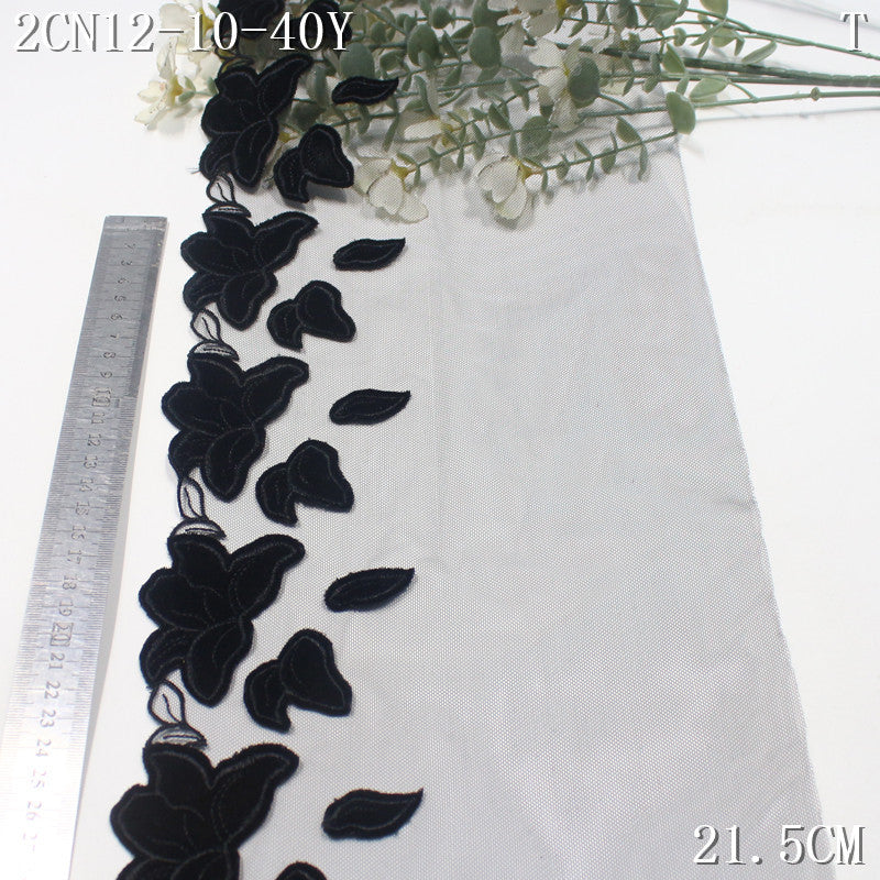 FREEDOMBEAUTY | [1pack] Black Exquisite Flocked Fiber Cloth Flower Mesh Embroidery Lace 21.5cm Dress Wedding Lace Accessories