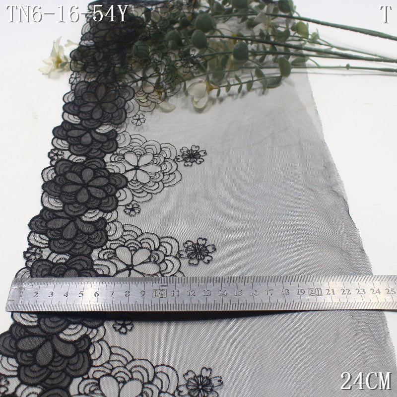 FREEDOMBEAUTY | [1Pack] Black mesh embroidery lace exquisite ethnic style stacked flowers 24cm clothing home textile lace accessories