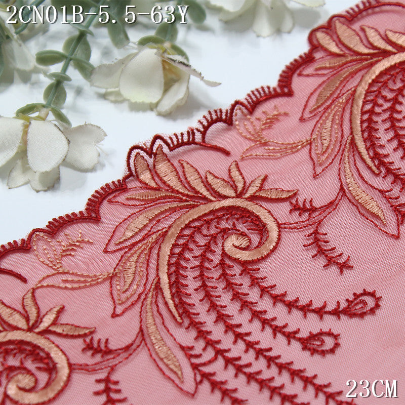 FREEDOMBEAUTY | Dark red curly grass pattern phoenix tail mesh embroidery lace, national style clothing Hanfu lace accessories DIY