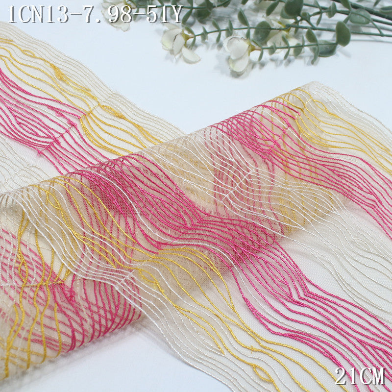 【1Pack】-Freedombeauty | Fashion yellow pink and white color matching wavy line pattern embroidery lace 21cm clothing accessories handmade accessories