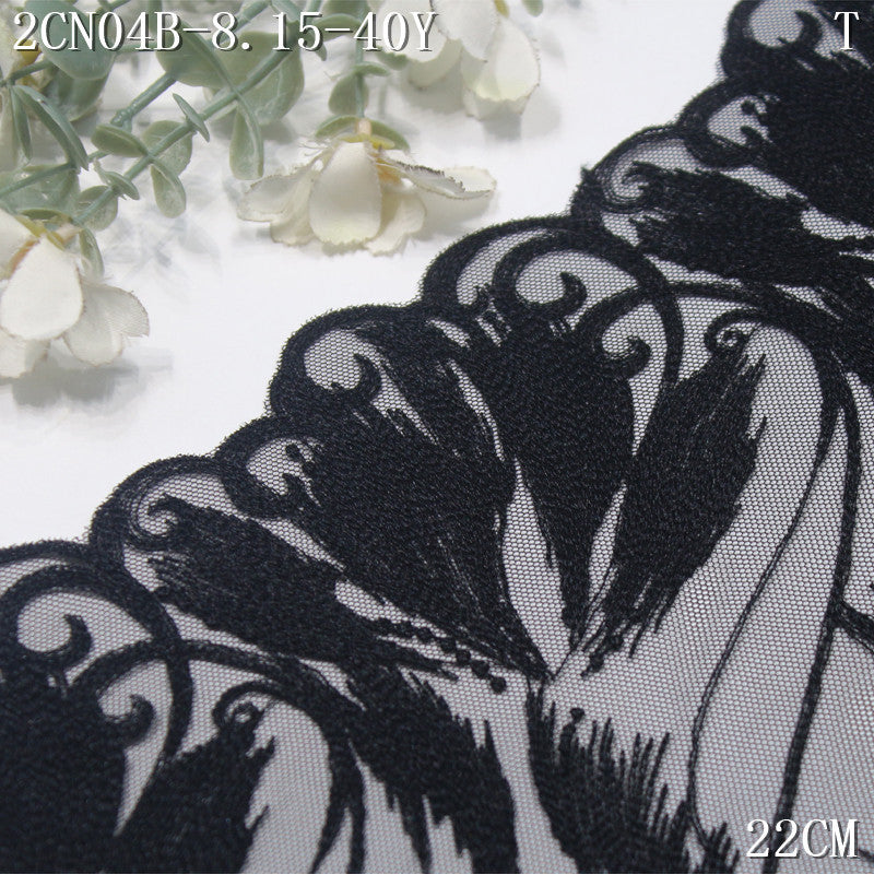 FREEDOMBEAUTY | [1Pack] Black Gothic feathers falling mesh embroidery lace, fashion dress decoration lace accessories