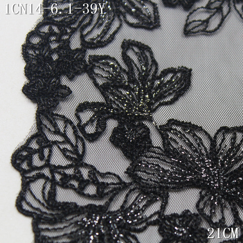 FREEDOMBEAUTY | [1Pack] Retro exquisite black mesh silver thread flower branches and leaves embroidered lace 21cm skirt headdress dress accessories