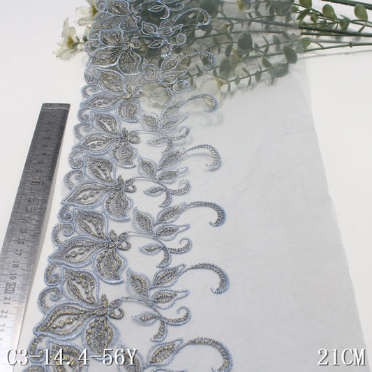 FREEDOMBEAUTY | [1Pack] dark gray and blue mesh embroidery lace fashion gold thread leaves, dress wedding veil lace accessories