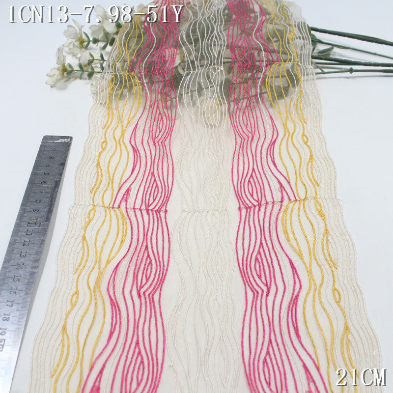 【1Pack】-Freedombeauty | Fashion yellow pink and white color matching wavy line pattern embroidery lace 21cm clothing accessories handmade accessories