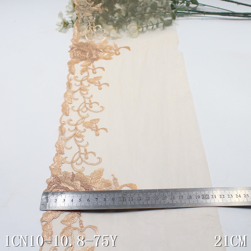 FREEDOMBEAUTY | Apricot mesh delicate gold thread flower embroidery lace, high-end clothing home textile lace accessories