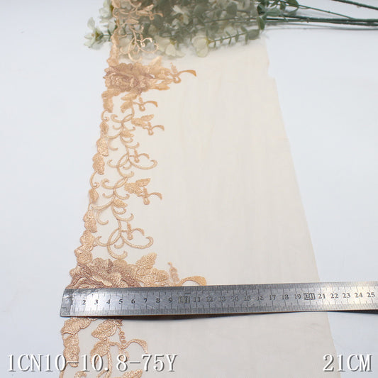 FREEDOMBEAUTY | Apricot mesh delicate gold thread flower embroidery lace, high-end clothing home textile lace accessories
