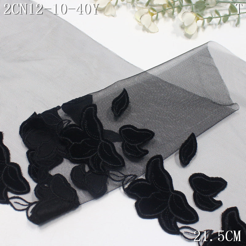 FREEDOMBEAUTY | [1pack] Black Exquisite Flocked Fiber Cloth Flower Mesh Embroidery Lace 21.5cm Dress Wedding Lace Accessories