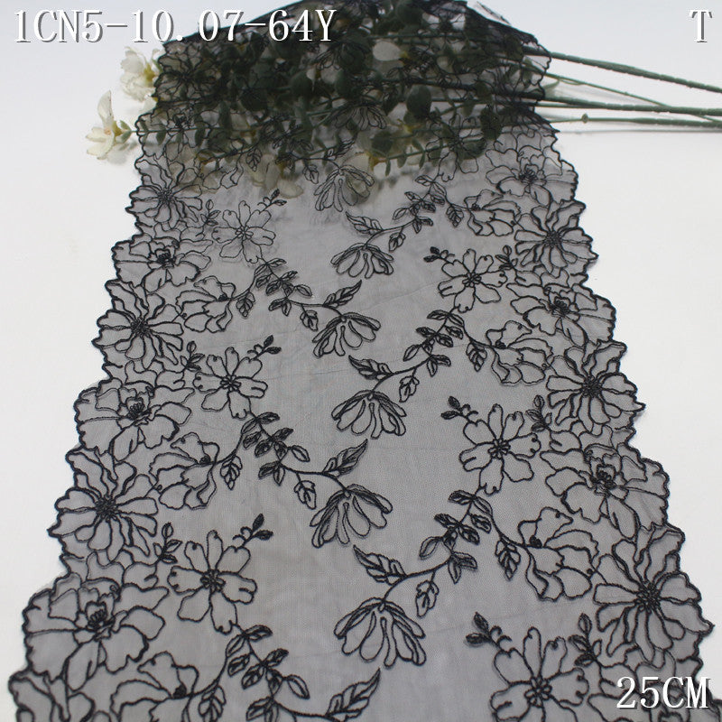 【1Pack】-Freedombeauty | Black mesh embroidery lace bilateral tracing plant flower 25cm clothing jewelry home textile DIY accessories