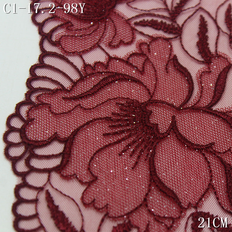 【1Pack】-Freedombeauty | Burgundy light mesh double layer fine glitter flower embroidery lace 21cm clothing accessories home textile accessories