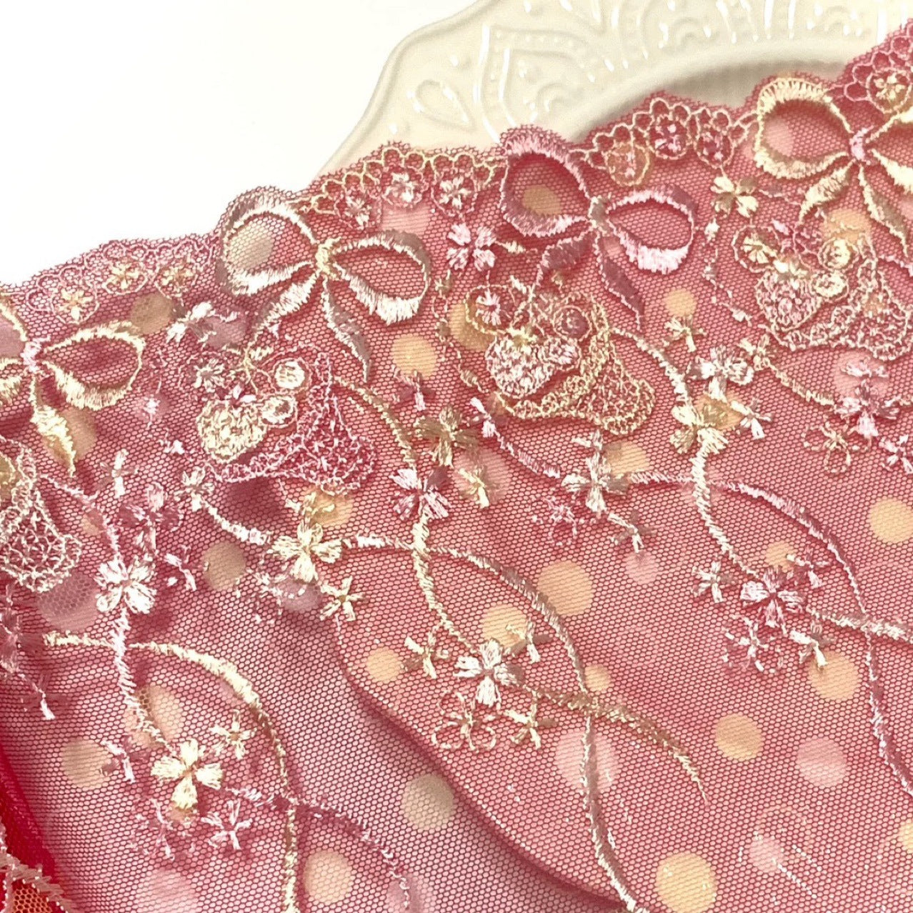 FREEDOMBEAUTY | In Stock Bow Bow Strawberry Deep Peach Embroidery Polka Dot Mesh Lace Accessories Decorative Fabric Design