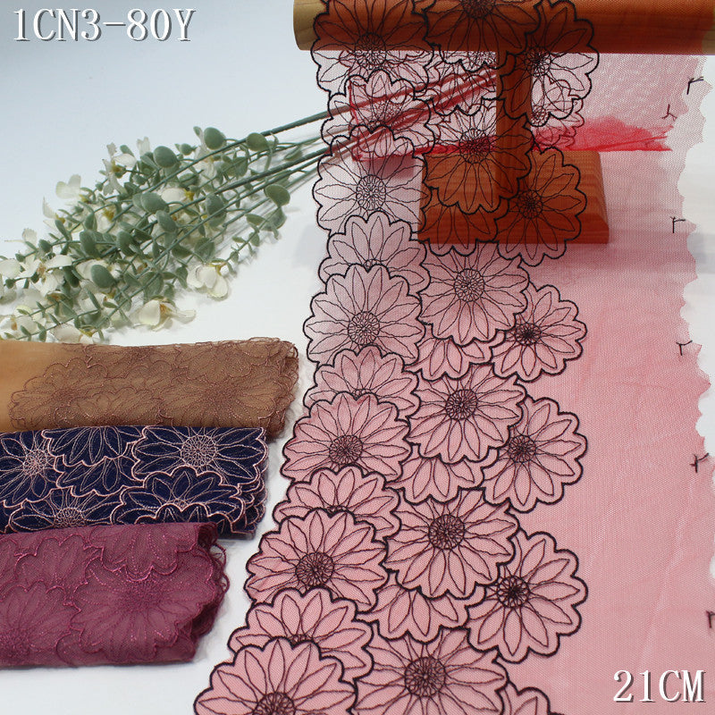 FREEDOMBEAUTY | [1Pack] Simple pastoral four-color mesh yarn half-width sunflower embroidery lace 21cm light clothing accessories