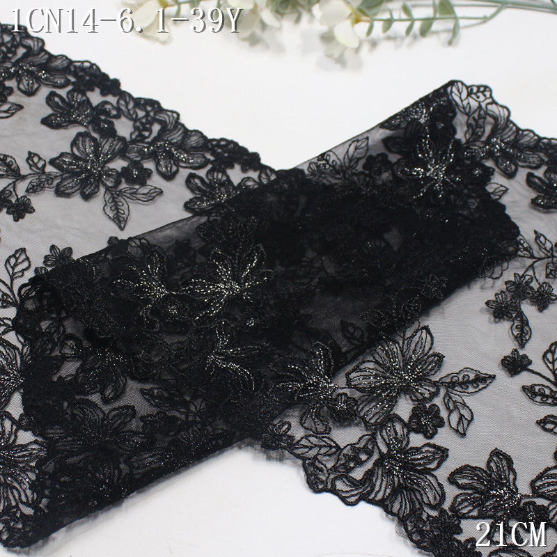 FREEDOMBEAUTY | [1Pack] Retro exquisite black mesh silver thread flower branches and leaves embroidered lace 21cm skirt headdress dress accessories