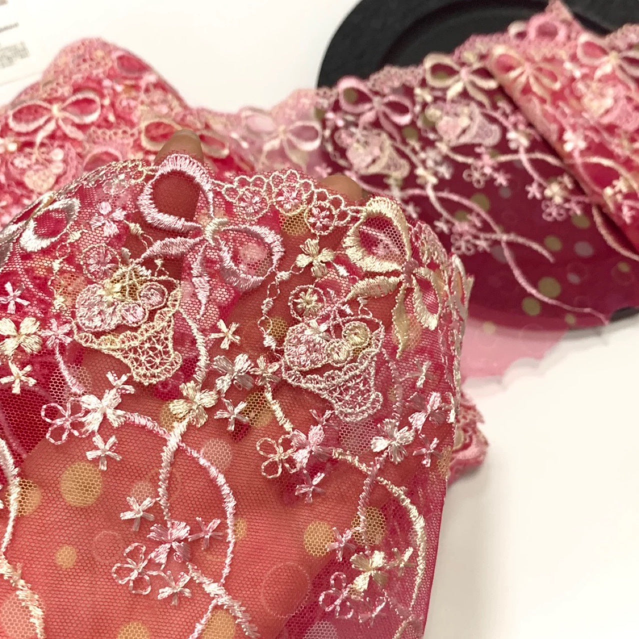 FREEDOMBEAUTY | In Stock Bow Bow Strawberry Deep Peach Embroidery Polka Dot Mesh Lace Accessories Decorative Fabric Design