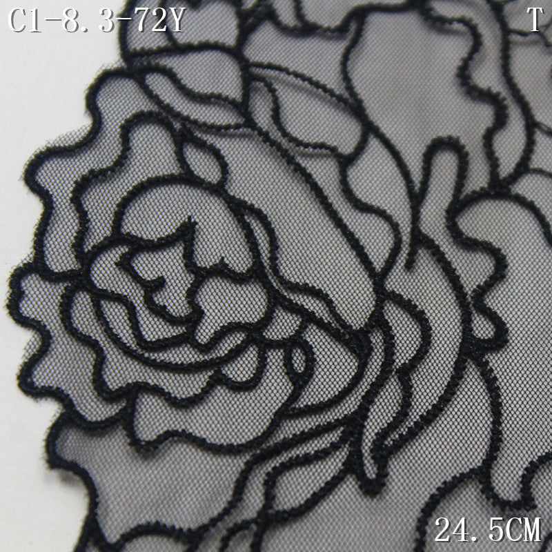 【1Pack】-Freedombeauty | Black mesh yarn simple unilateral tracing tight floral embroidery lace 24.5cm clothing accessories