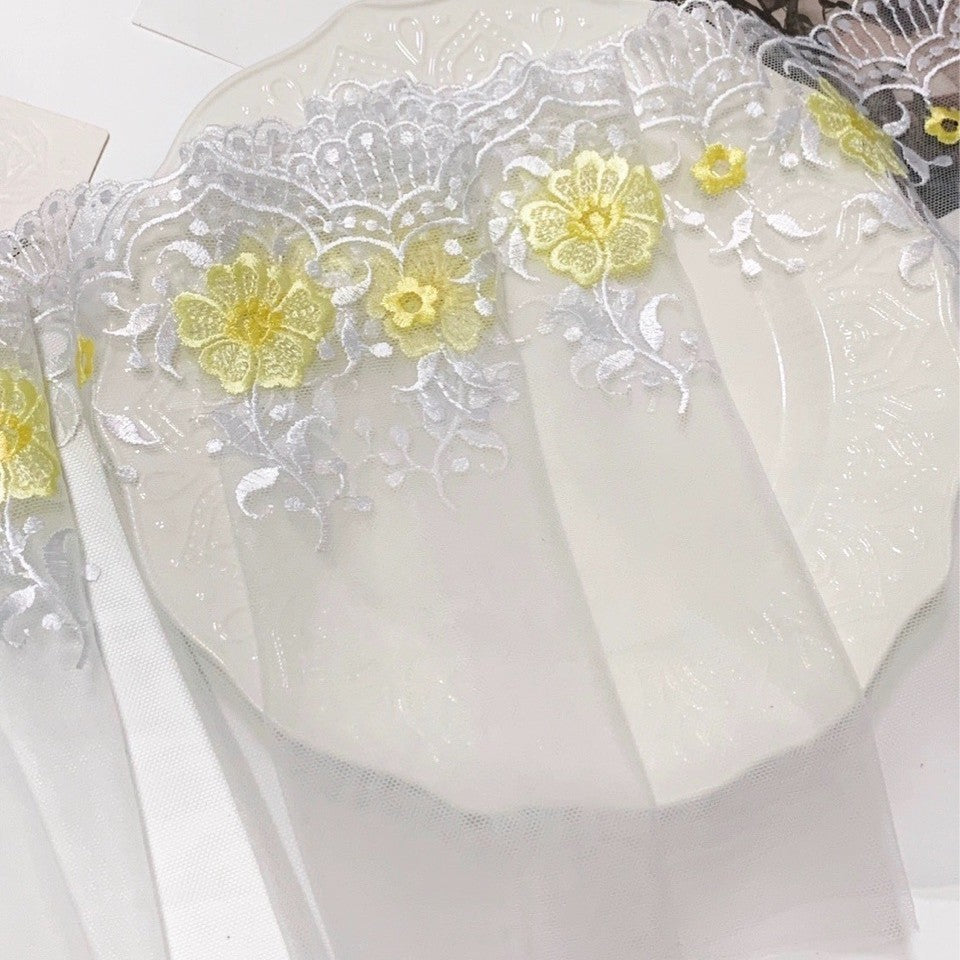 FREEDOMBEAUTY | In Stock White Background Yellow Floral Mesh Embroidered Lace Accessories Decorative Fabric Design Clothing DIY