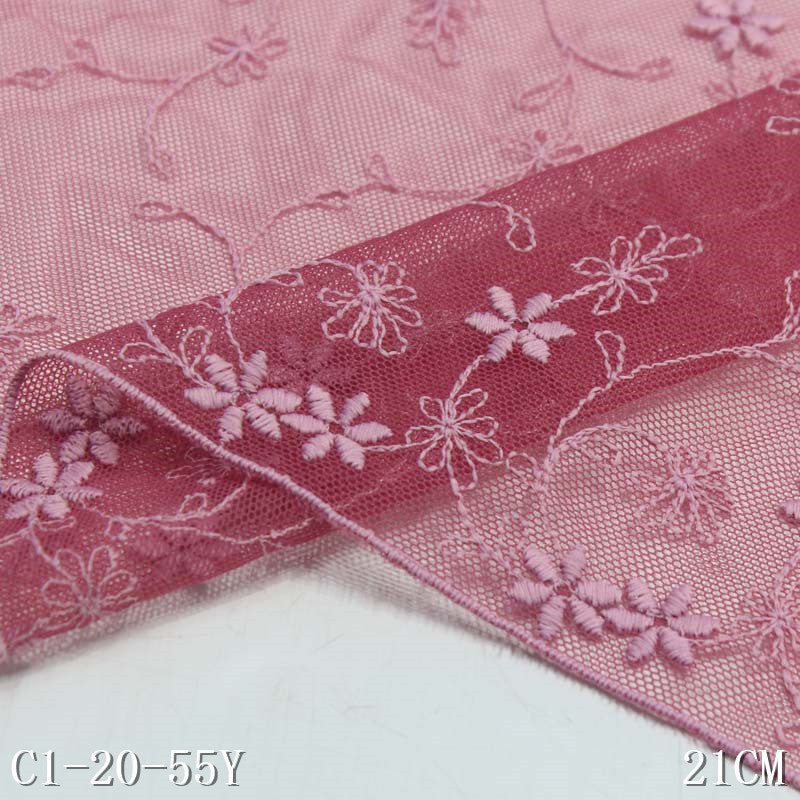 FREEDOMBEAUTY | Rose pink mesh embroidery lace, polyester thread exquisite small floral 21cm accessories wholesale handmade children's clothing