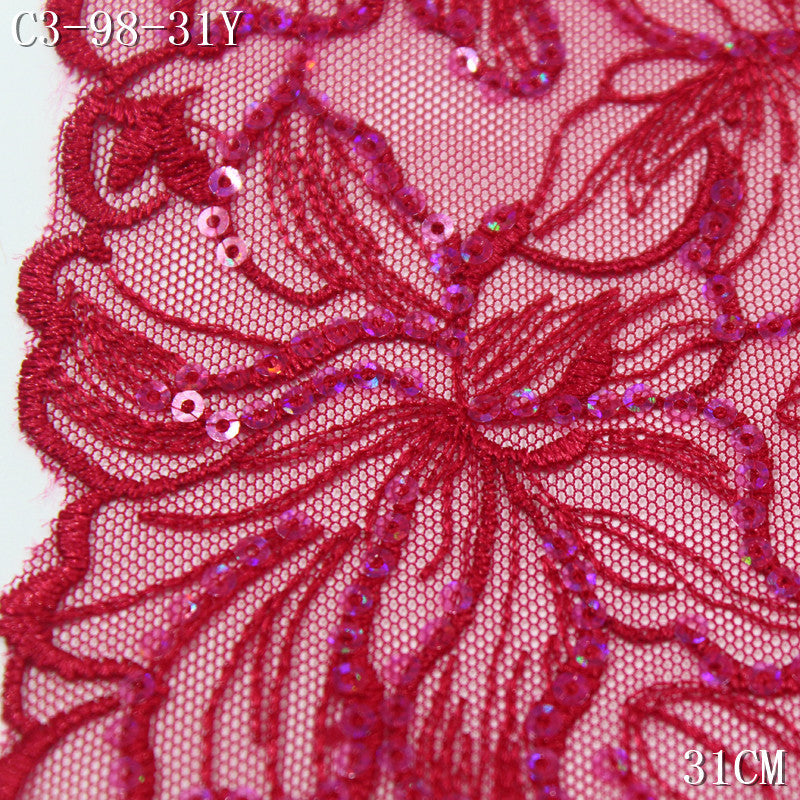 FREEDOMBEAUTY | [1Pack] Red full-width sequin tracing flower mesh embroidery lace 31cm dress stage clothing dressing accessories