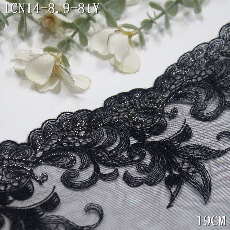 【1Pack】-Freedombeauty | Black light mesh classic unilateral silver thread pattern embroidery lace 19cm clothing accessories DIY accessories