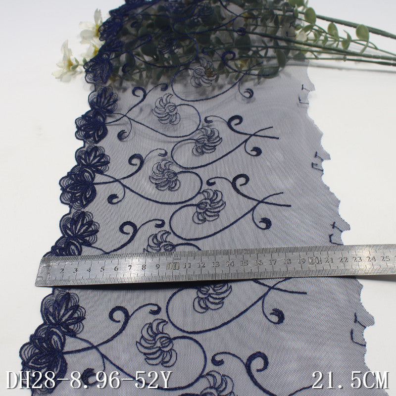 FREEDOMBEAUTY | [1Pack] Elegant retro navy blue mesh yarn unilateral vine flower embroidery lace 21.5cm clothing accessories