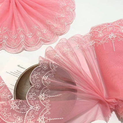 FREEDOMBEAUTY | Spot light pink white bow embroidery mesh lace accessories decorative design DIY clothing