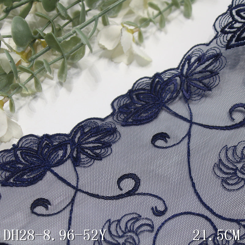 FREEDOMBEAUTY | [1Pack] Elegant retro navy blue mesh yarn unilateral vine flower embroidery lace 21.5cm clothing accessories