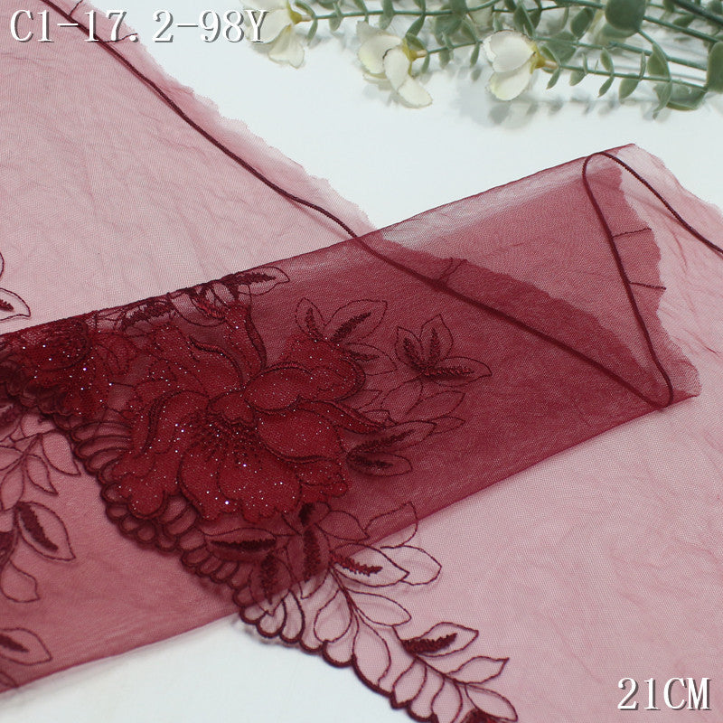 【1Pack】-Freedombeauty | Burgundy light mesh double layer fine glitter flower embroidery lace 21cm clothing accessories home textile accessories