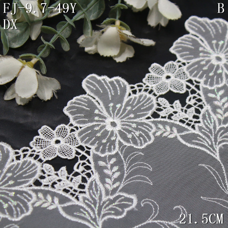 FREEDOMBEAUTY | [1Pack] Fresh fairy air book white hollow silver thread flower water-soluble lace, wedding dress skirt lace accessories